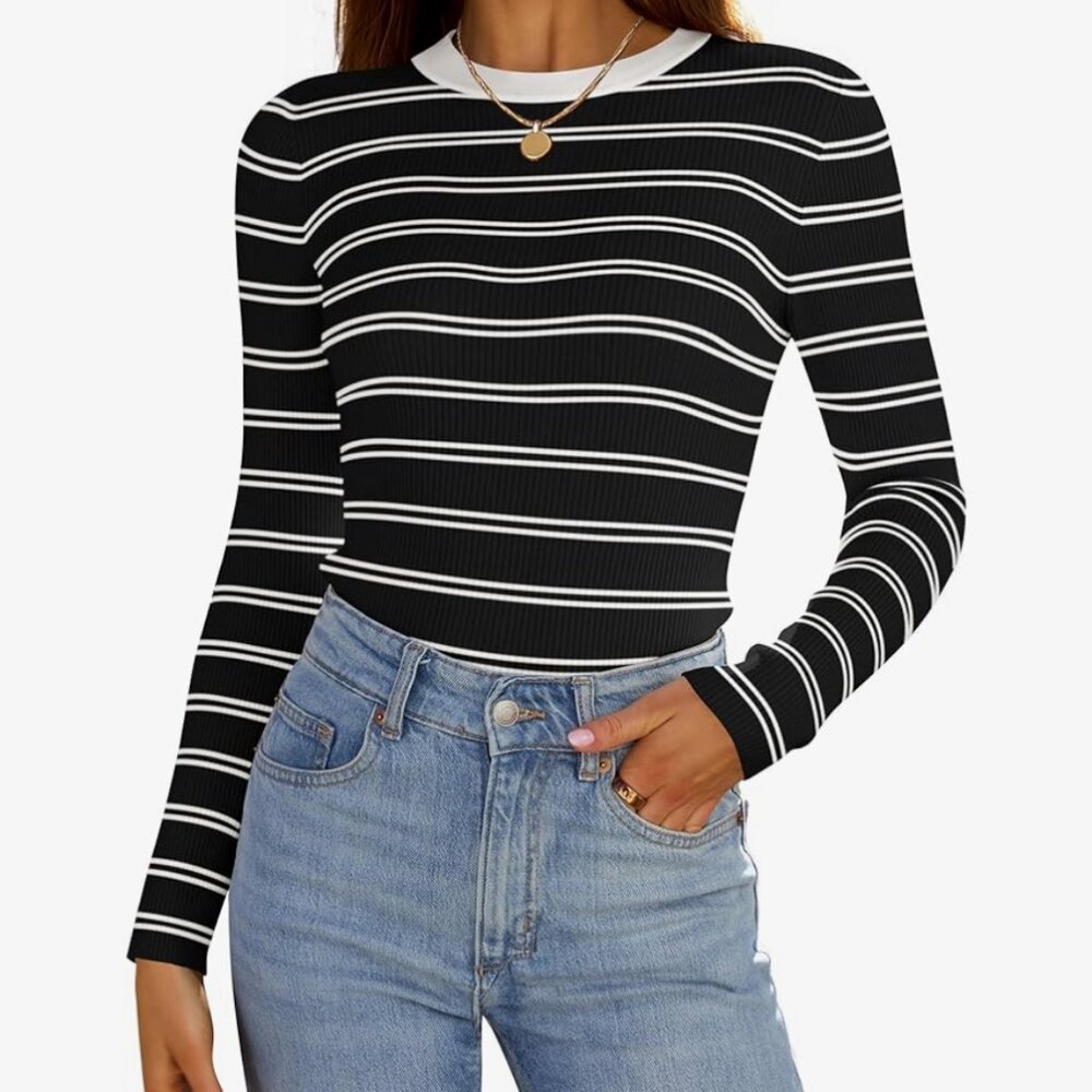 NEW: Women's Long Sleeve Crewneck Striped Shirt Spring Sweater Ribbed Knit XL